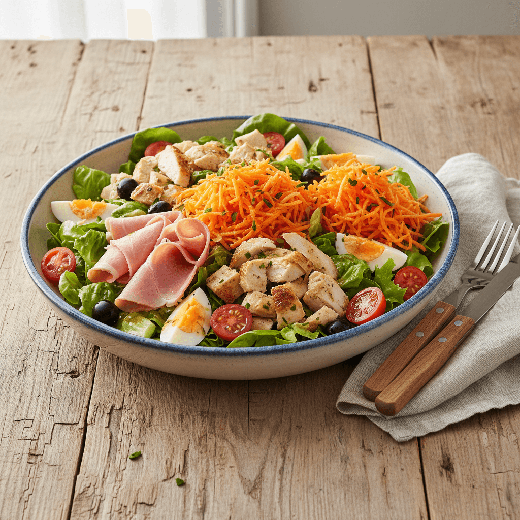 Gemischter Salat mit Schinken, Hähnchen und Karotten