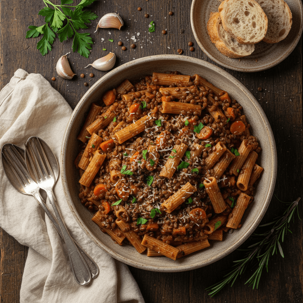 Italian Pasta with Lentils, Carrots, and Garlic