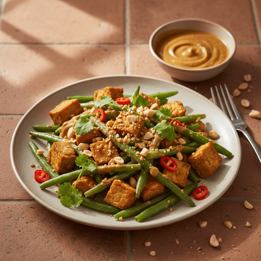 Salade indonésienne de tempeh et haricots verts au satay