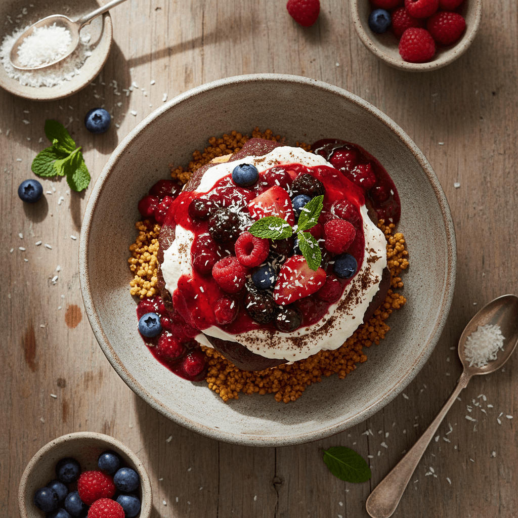 Tiramisu Fusion Chocolat-Coco avec Coulis de Fruits Rouges