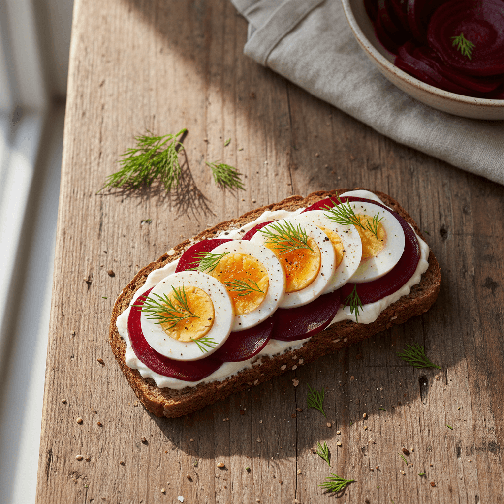 Smørrebrød mit Eiern und Rüben