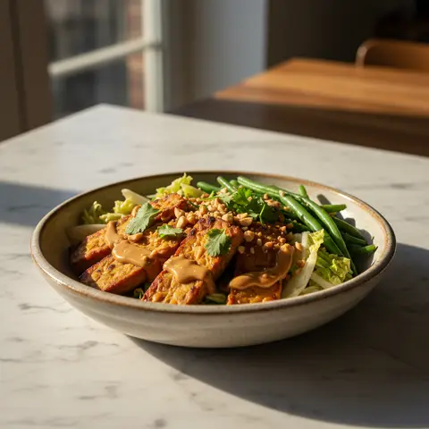 Bowl indonésien au tempeh satay et légumes verts