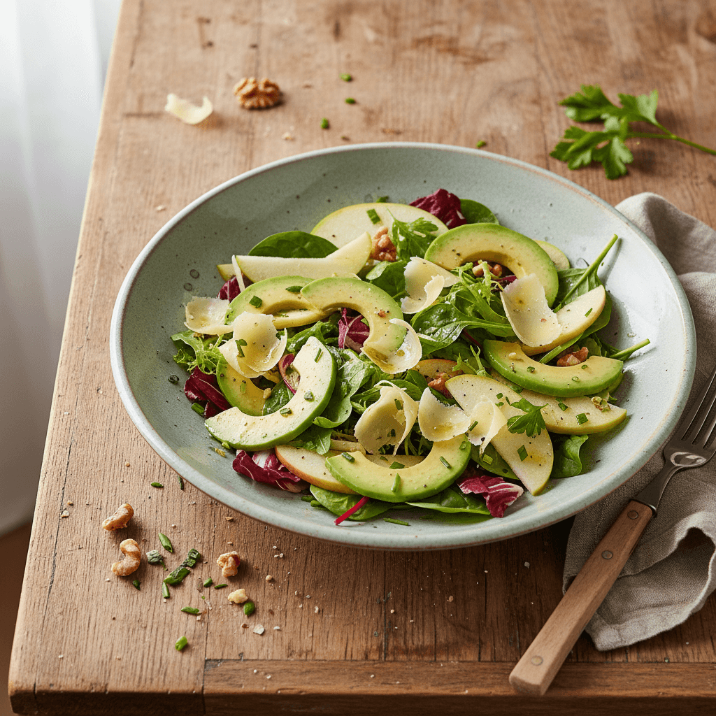 Gemischter Salat mit Avocado, Apfel und Gruyère