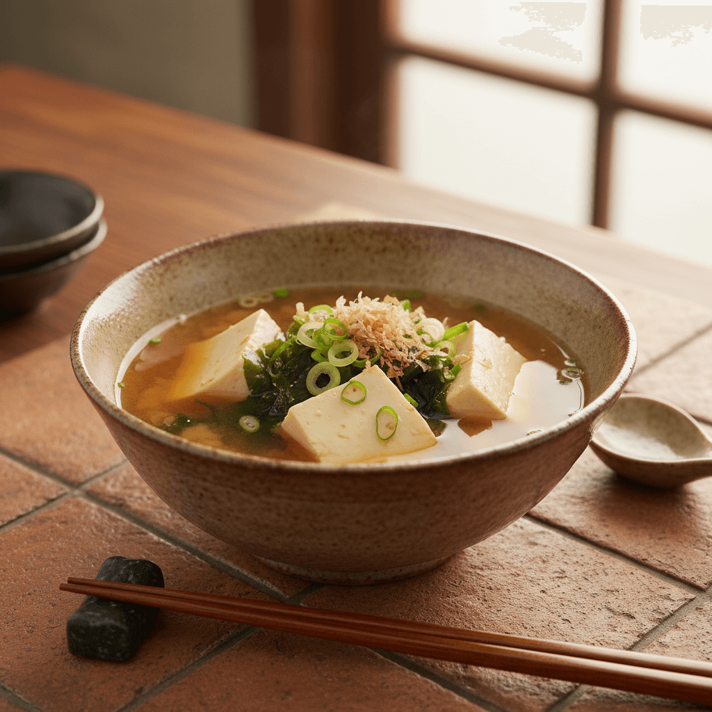 Soupe miso au tofu soyeux et wakame