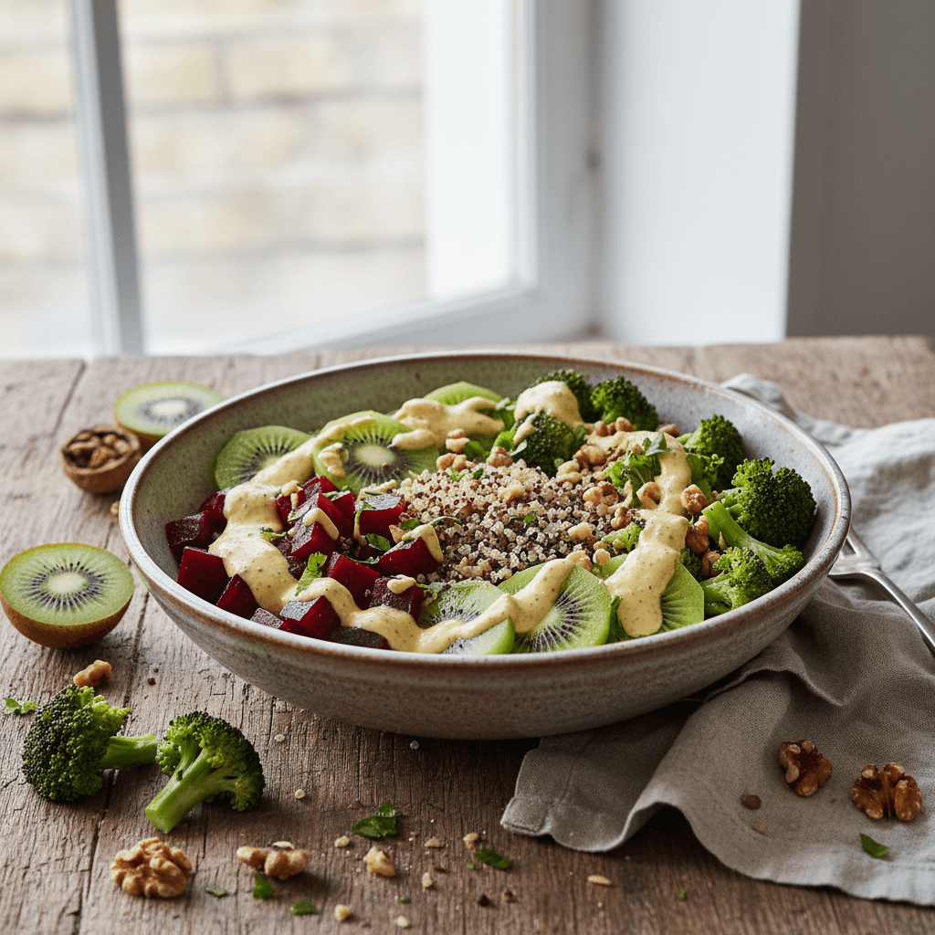 Quinoa and Kiwi Buddha Bowl with Walnut Mustard Cream