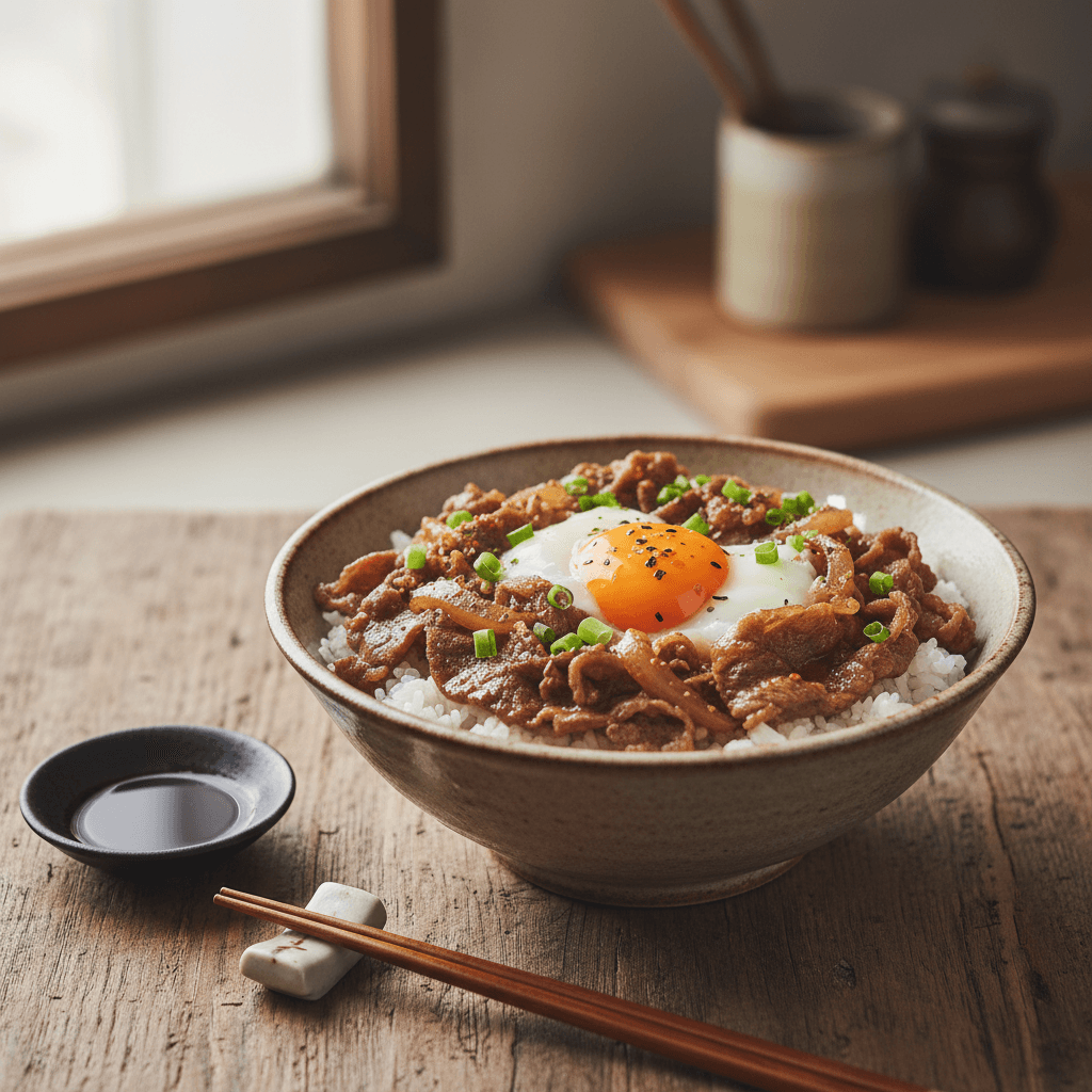Rindfleisch-Ei-Donburi (Gyudon)
