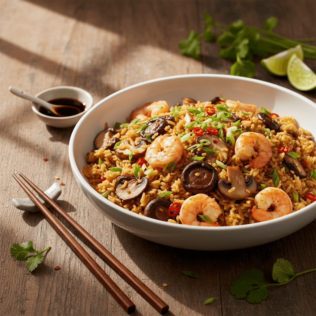 Gebratener Reis mit Garnelen und Pilzen