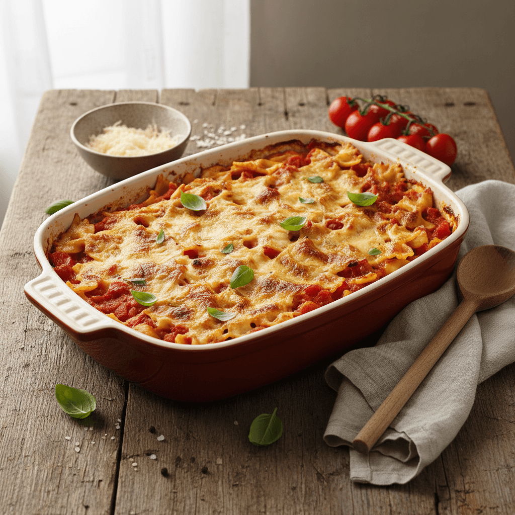 Überbackene Farfalle mit Tomaten und Käse