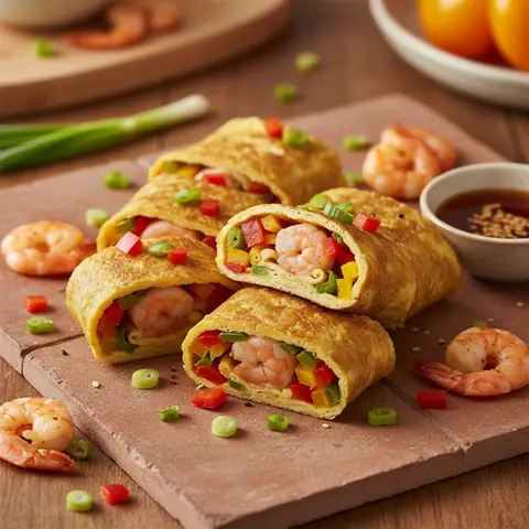 Omelette roulée aux crevettes et poivrons