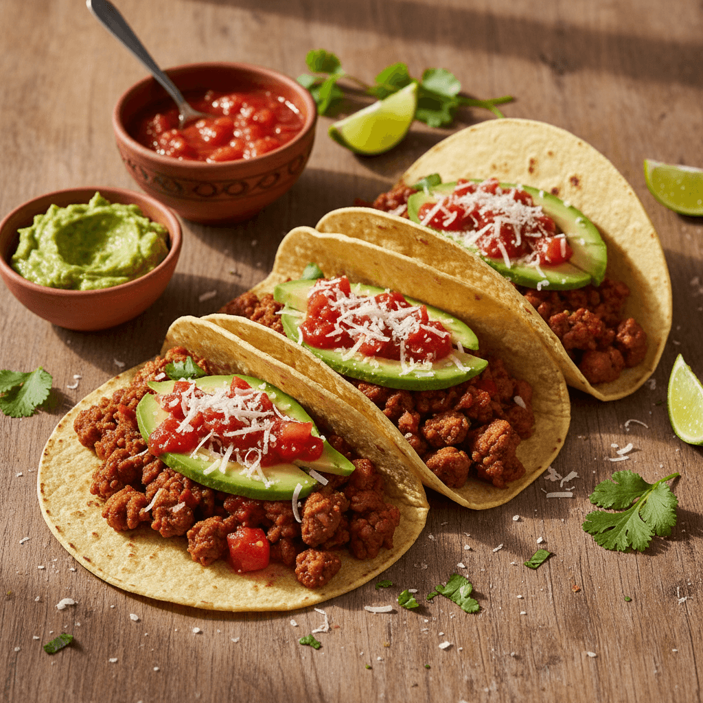 Vegetarische Tacos mit Hackfleisch und hausgemachter Salsa