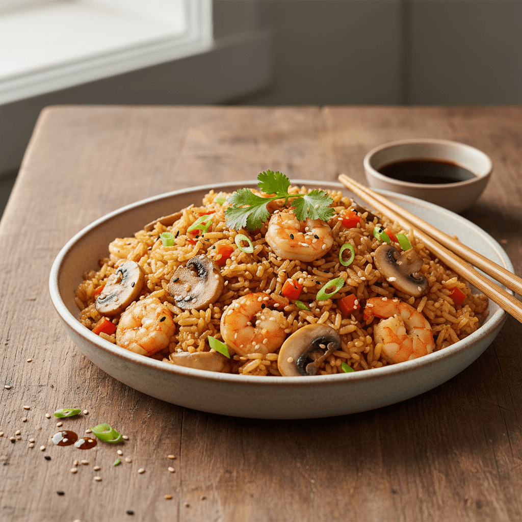 Gebratener Reis mit Garnelen und Pilzen