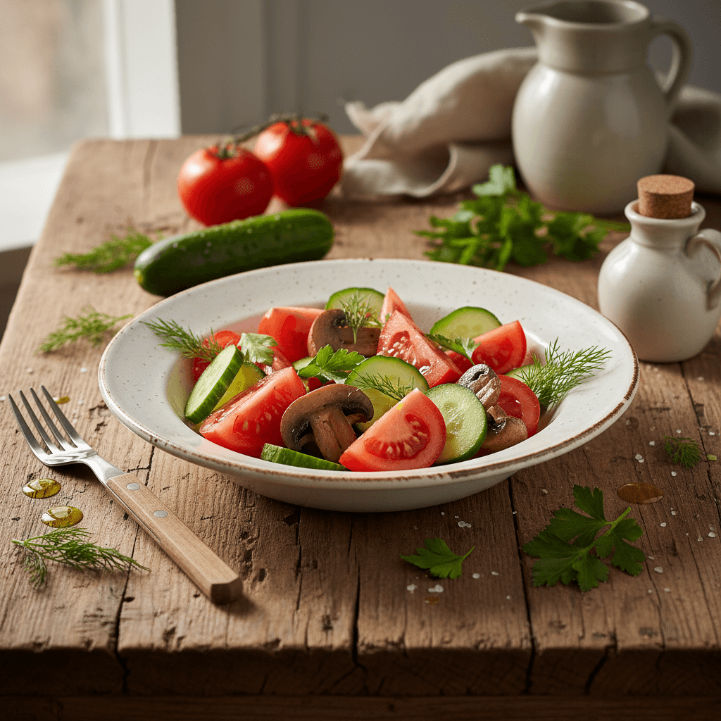 Salade composée tomate-concombre-champignons