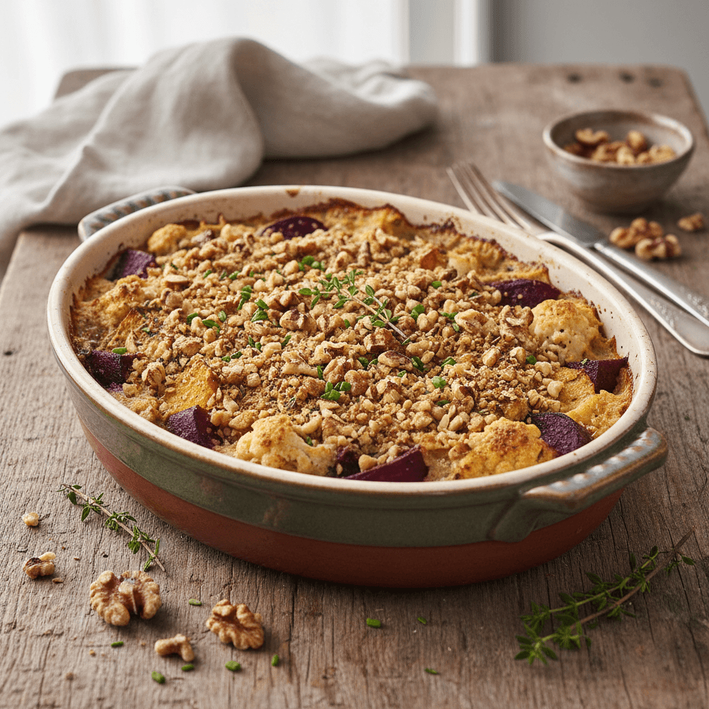 Blumenkohl- und Rote-Bete-Gratin mit Nüssen