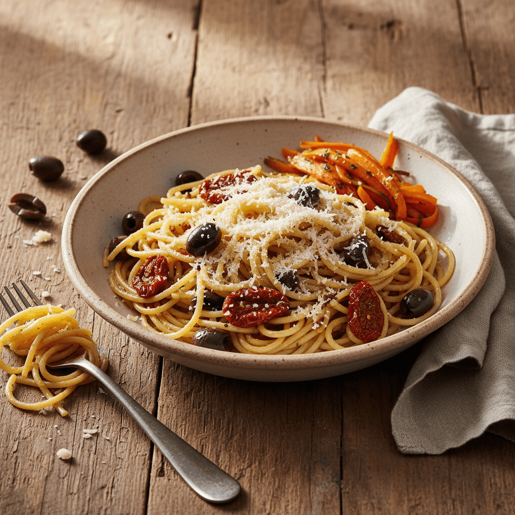 Spaghetti mit Oliven und getrockneten Tomaten
