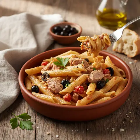 Penne au thon et olives
