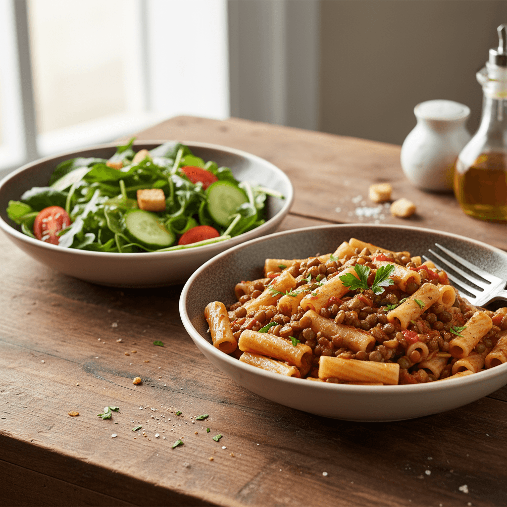 Pasta with Lentils and Green Salad