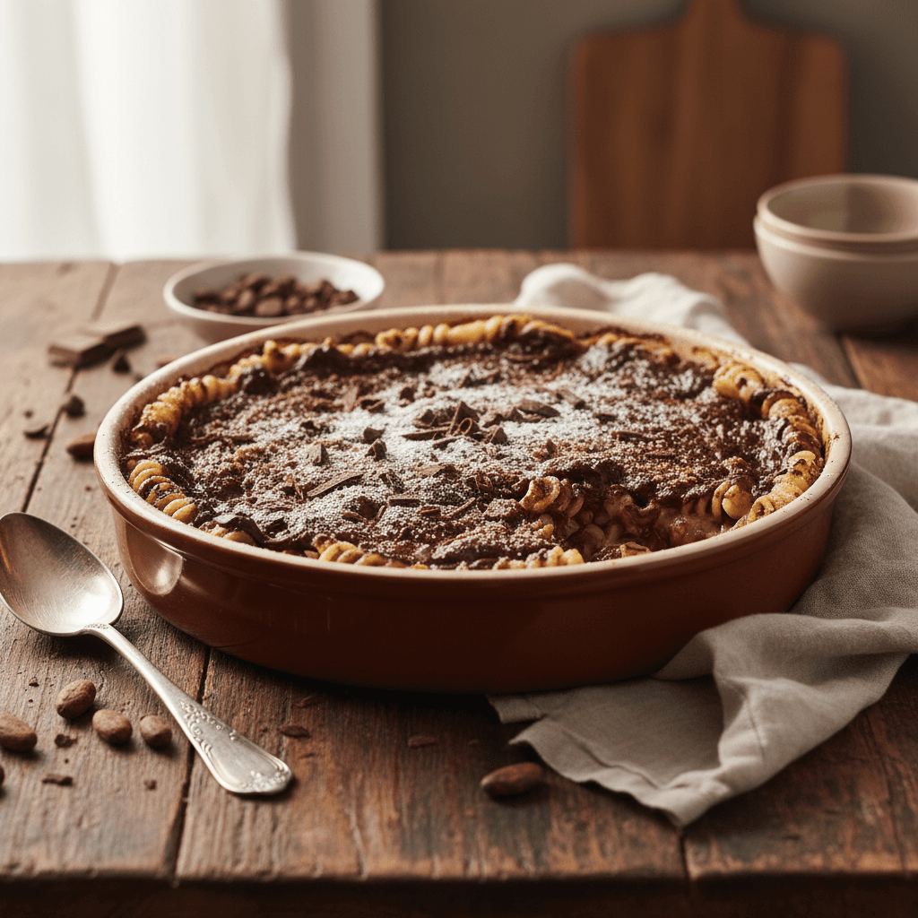 Nudelauflauf mit Schokolade und Zucker