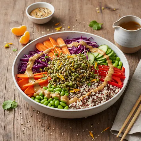 Bouddha Bowl Asiatique aux Lentilles Germées et Sauce Miso-Clémentine