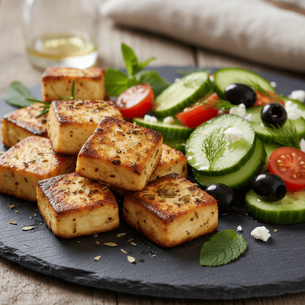 Paneer grillé à la grecque avec concombre et olives