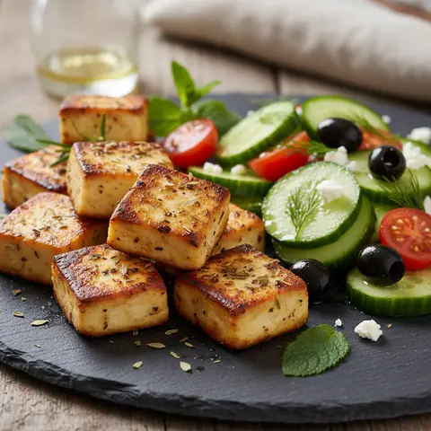 Paneer grillé à la grecque avec concombre et olives