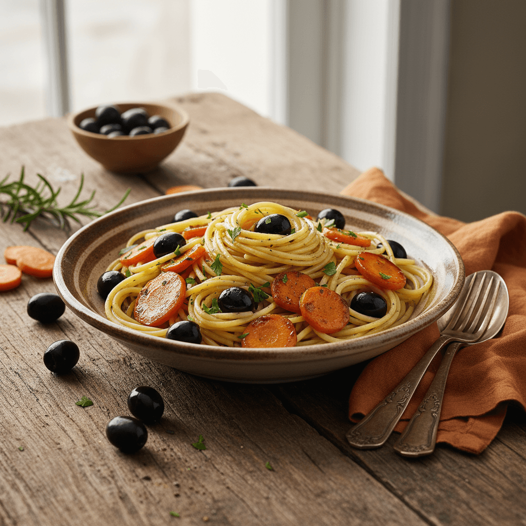 Spaghetti mit Oliven und gebratenen Möhren