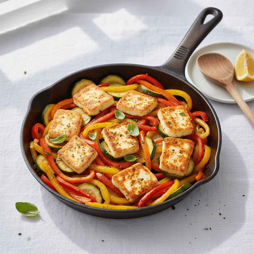 Poêlée de halloumi aux courgettes et poivrons