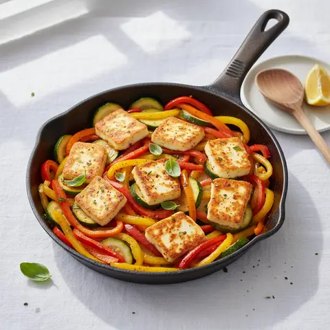 Poêlée de halloumi aux courgettes et poivrons