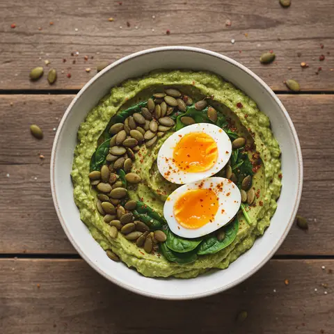 Smoothie bowl salé aux épinards, avocat et œuf mollet
