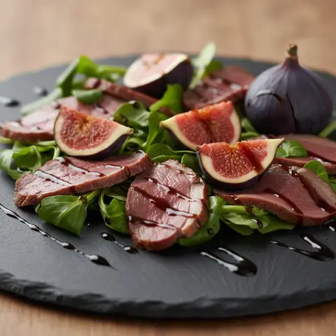 Carpaccio de canard fume aux figues et mache