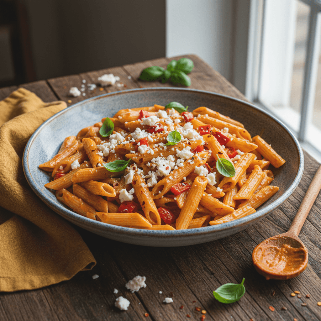 Penne with Red Pepper and Feta Cream