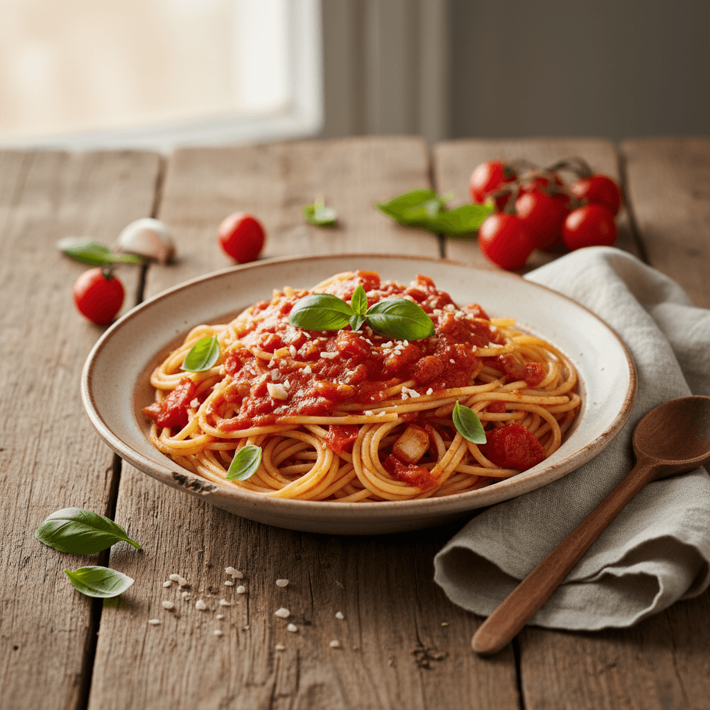 Pasta mit Tomaten und Basilikum (italienisch)