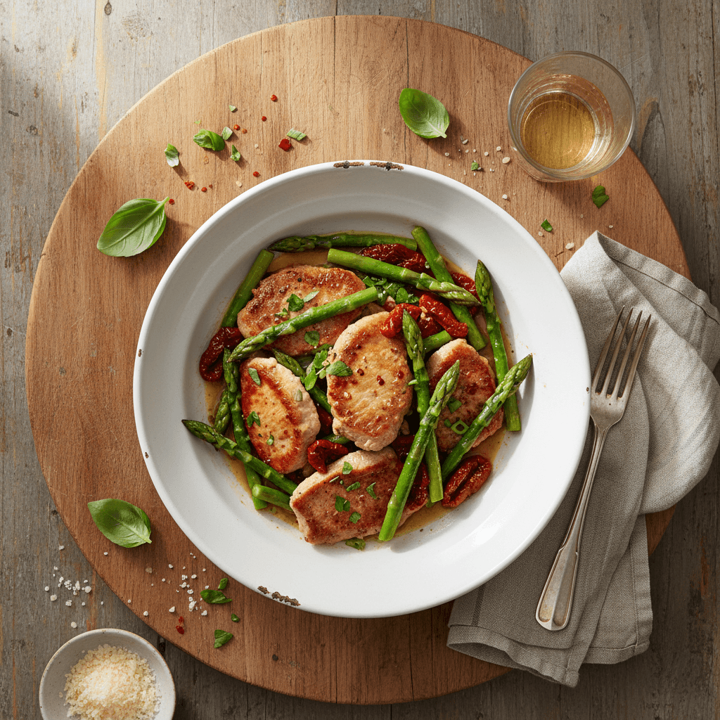 Poelee d'escalope de veau aux asperges et tomates sechees