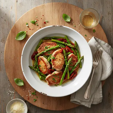 Poelee d'escalope de veau aux asperges et tomates sechees