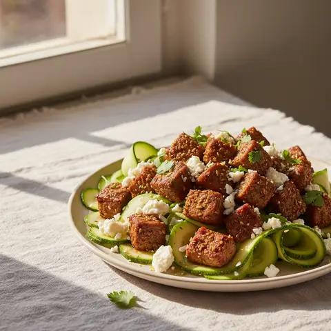 Salade d'agneau épicé à la marocaine, courgettes et feta
