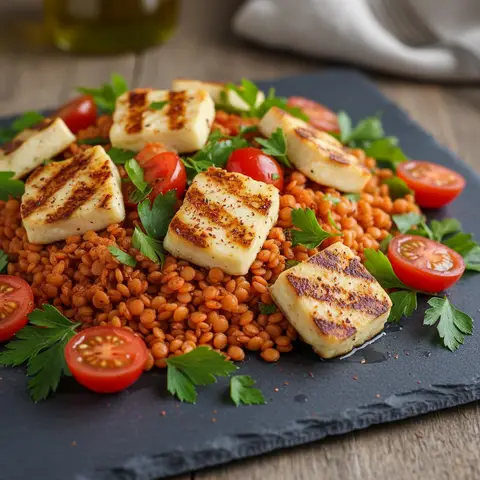Salade libanaise au halloumi et lentilles corail
