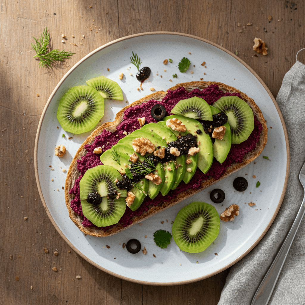 Sophisticated Beet-Avocado-Walnut Open-faced Sandwich with Tangy Kiwi
