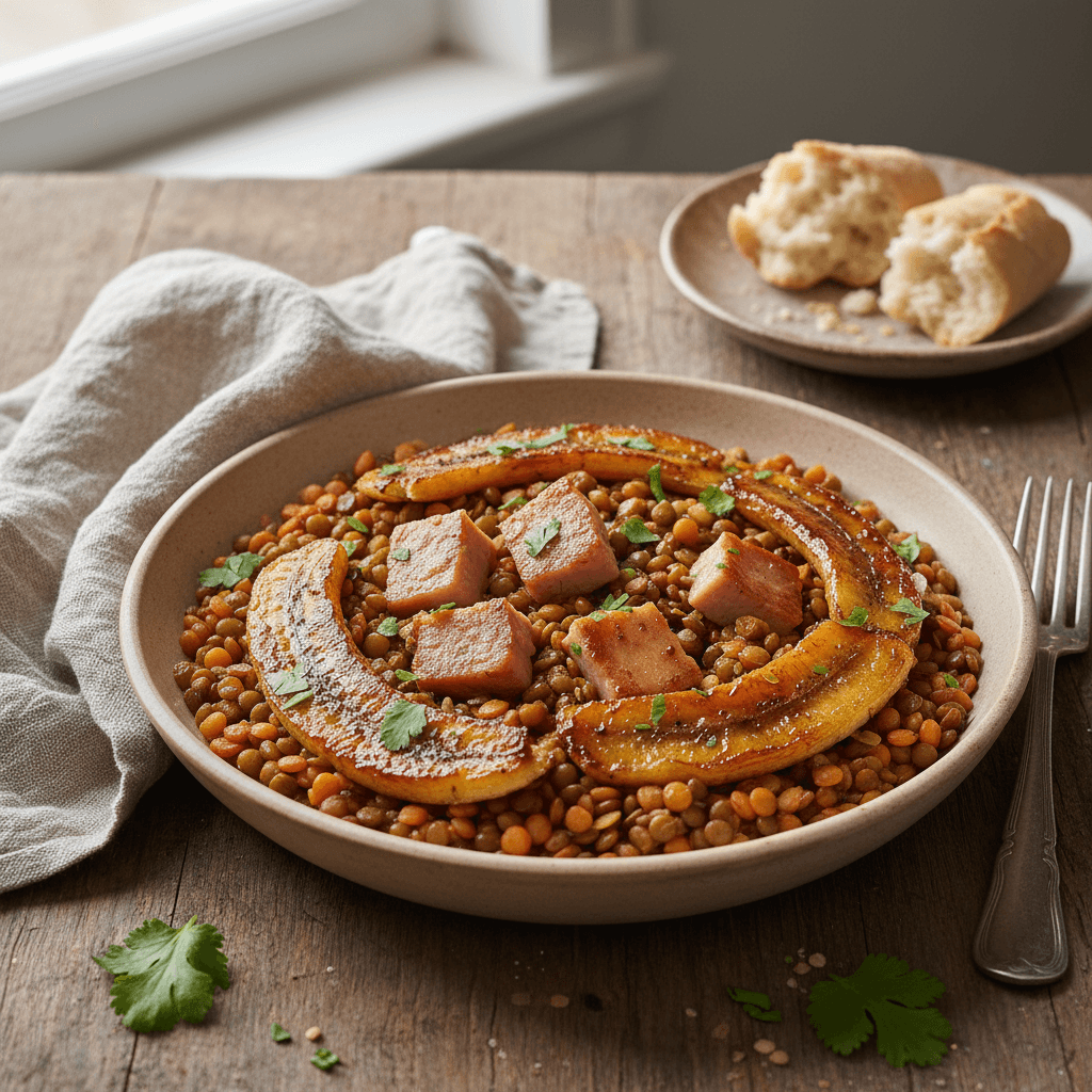 Pan-Fried Ham with Lentils and Caramelized Banana