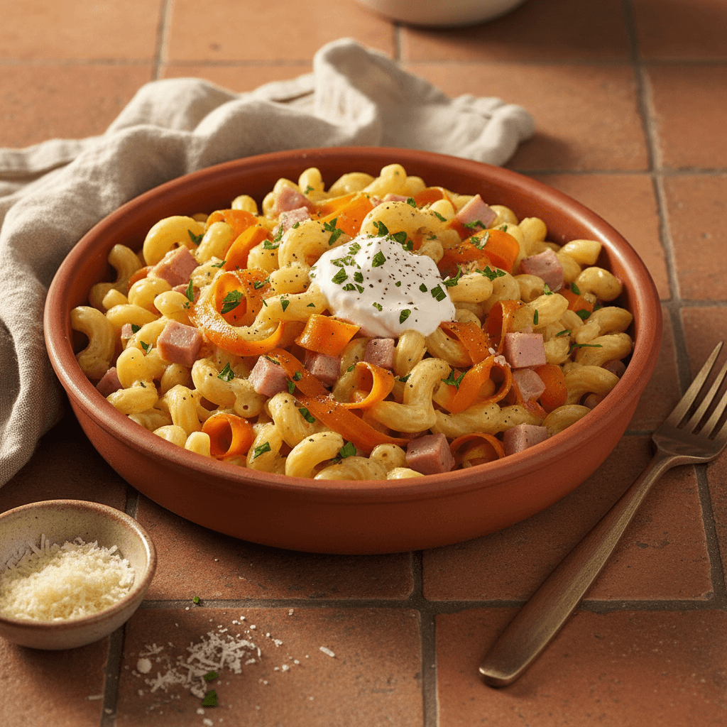 Pâtes jambon, carotte et crème fraîche