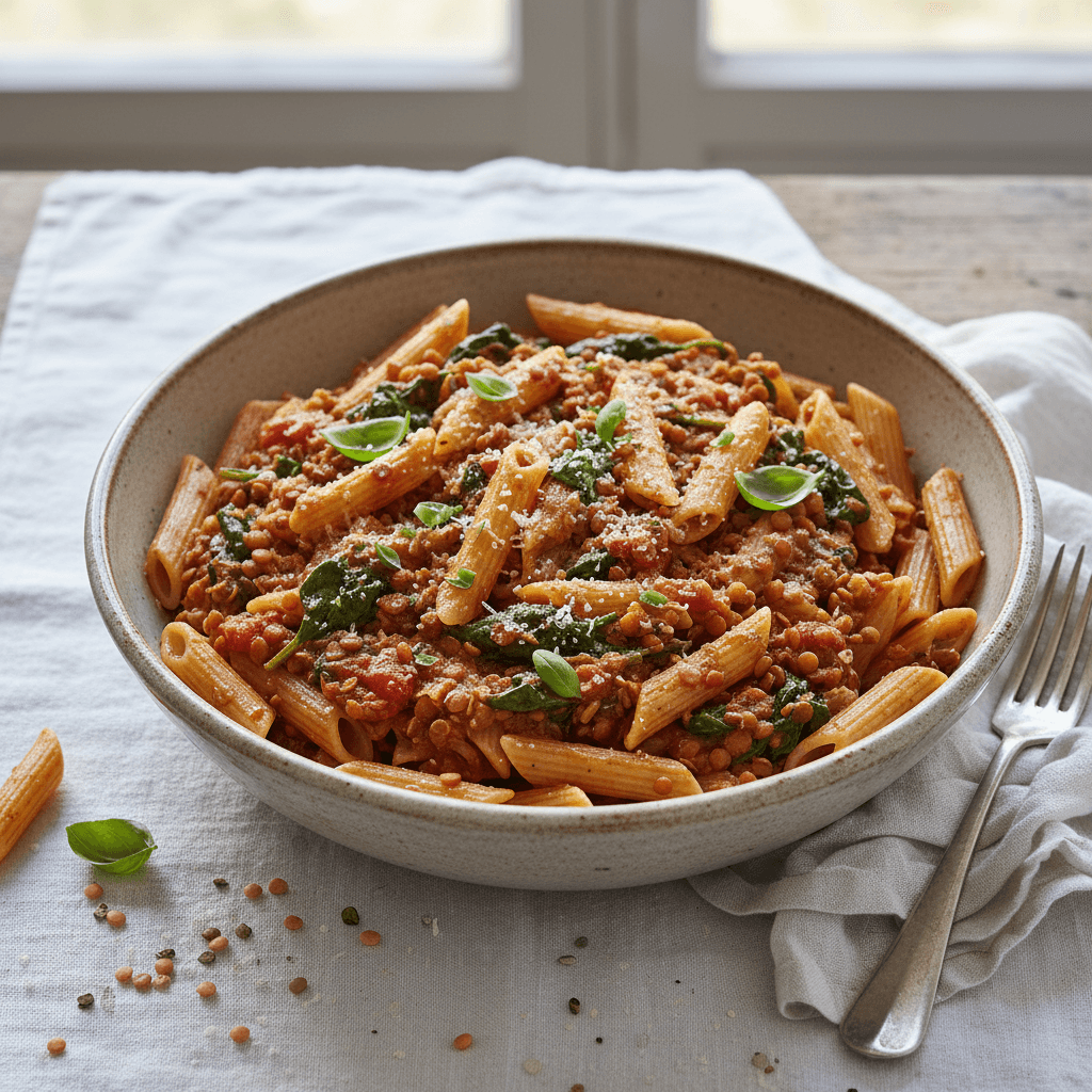 Pâtes à la Sauce de Lentilles et Épinards