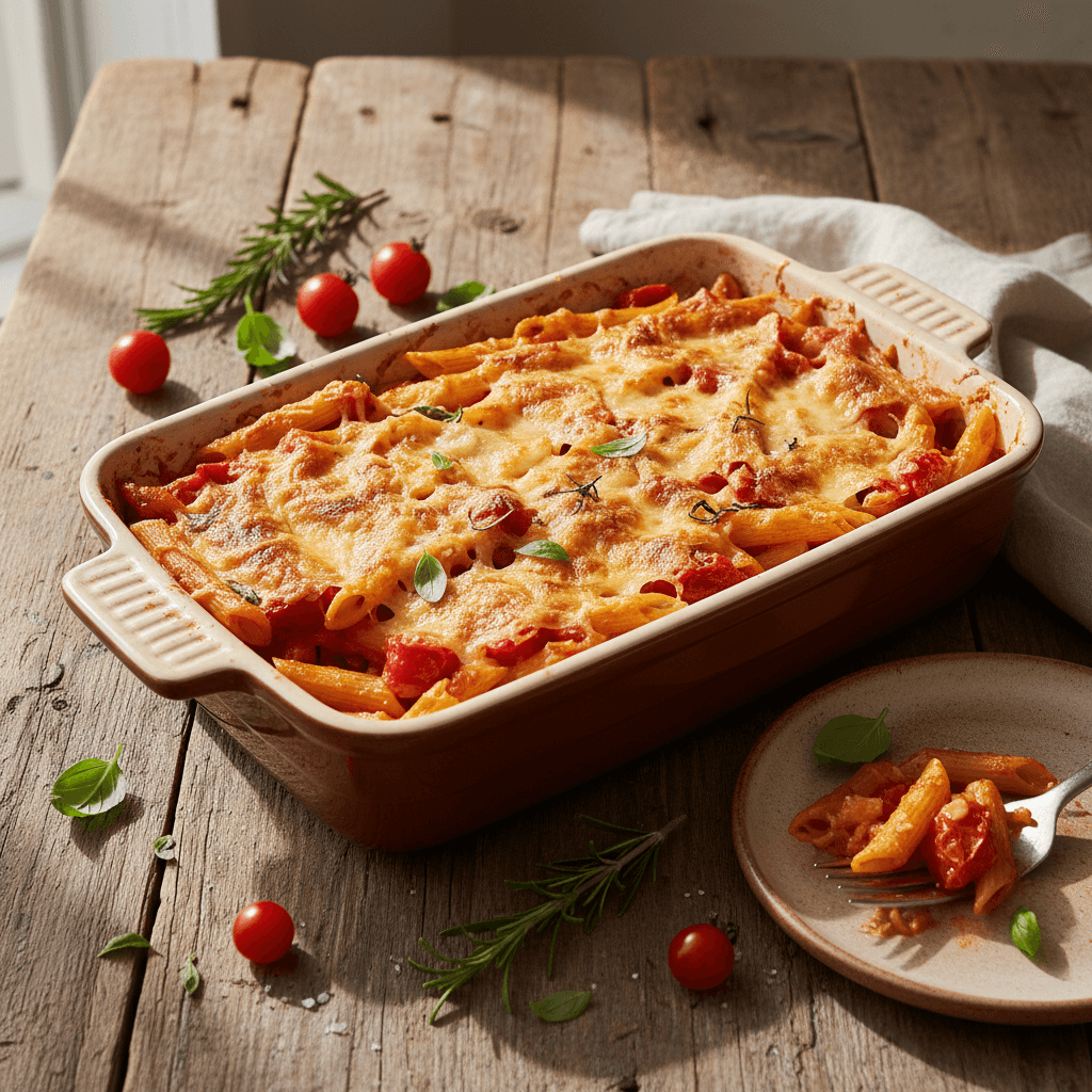 Penne-Auflauf mit Tomaten und Gruyère