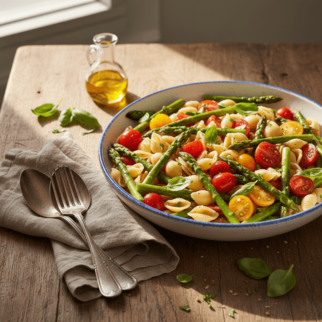 Salade composée avec pâtes, asperges et tomates