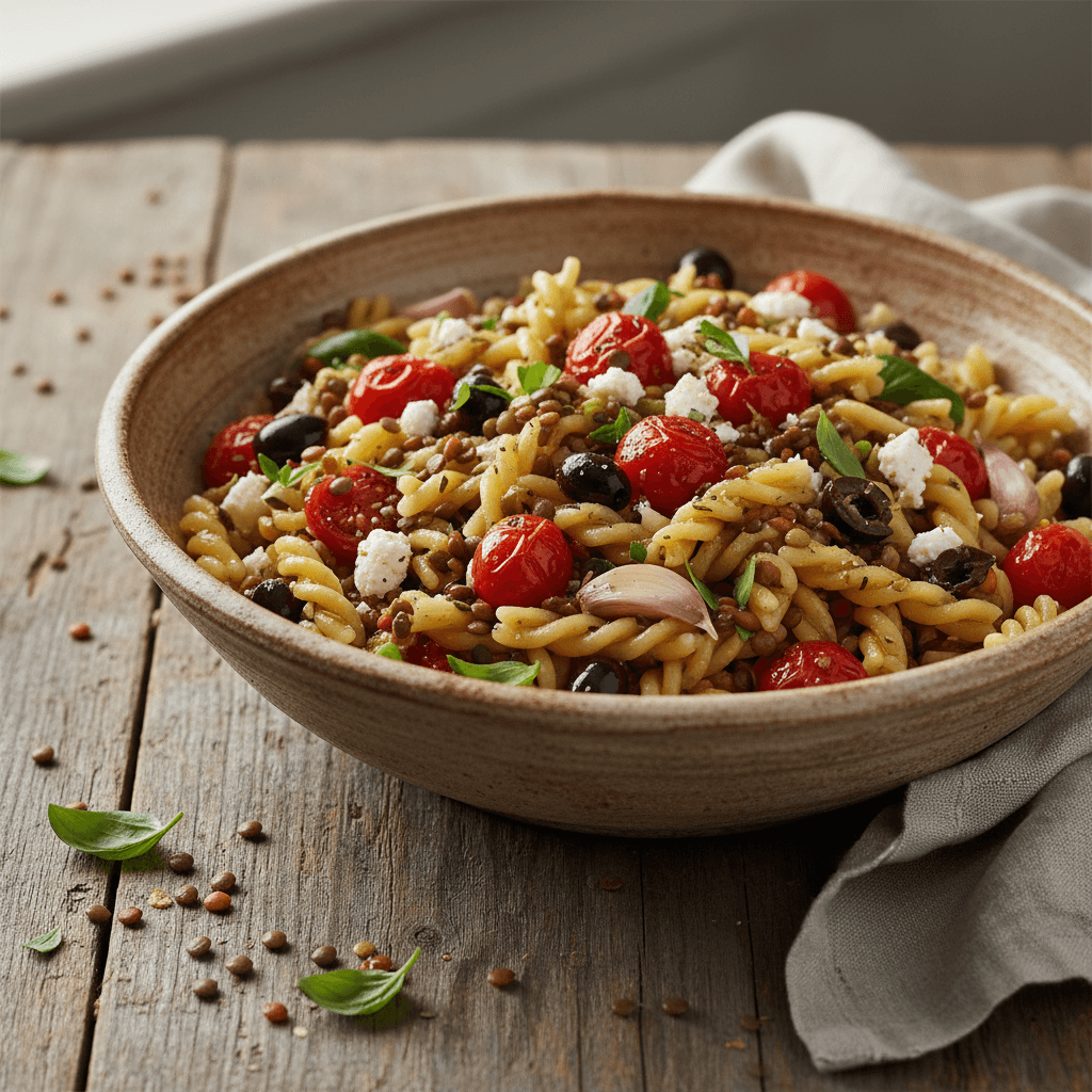 Mediterrane Nudeln mit Linsen und Tomate