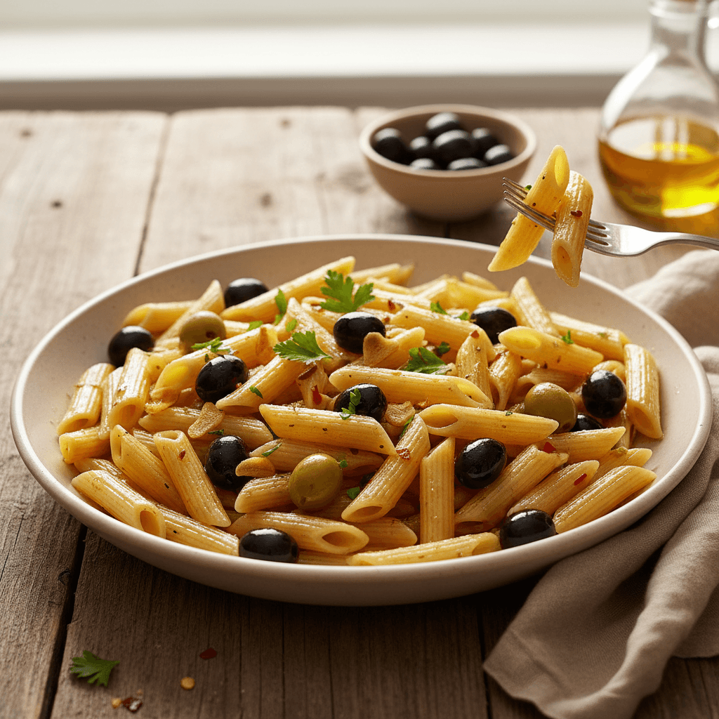 Penne mit Oliven, Knoblauch und Öl