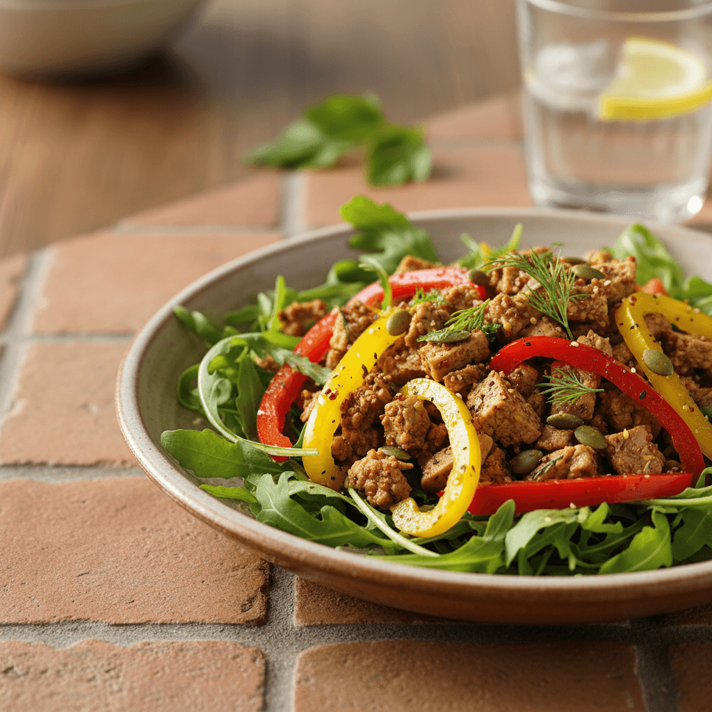 Salade de tempeh mariné aux herbes et poivrons