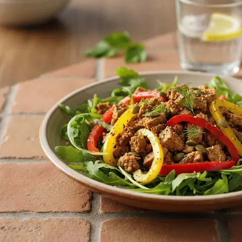 Salade de tempeh mariné aux herbes et poivrons