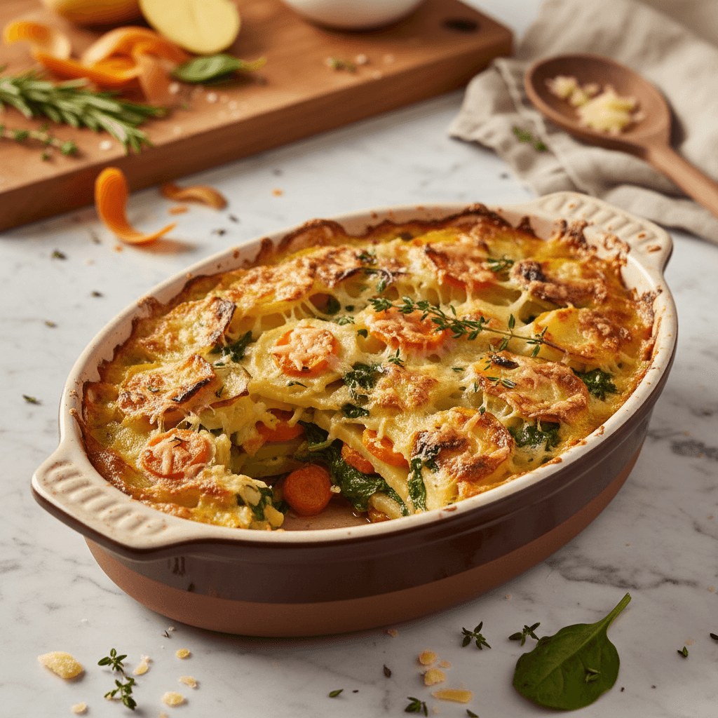 Gratin de pommes de terre, carottes et épinards