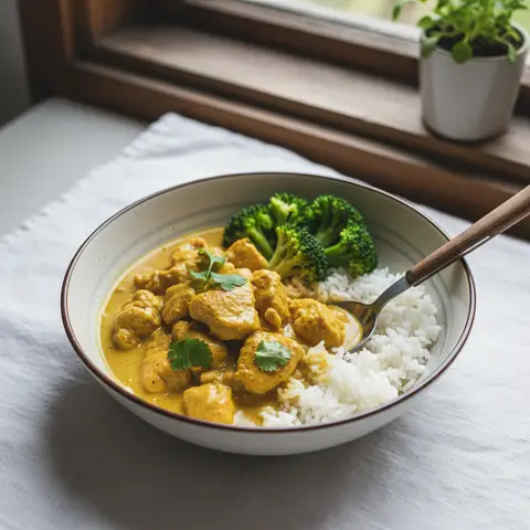 Poulet au curry asiatique avec riz et brocoli