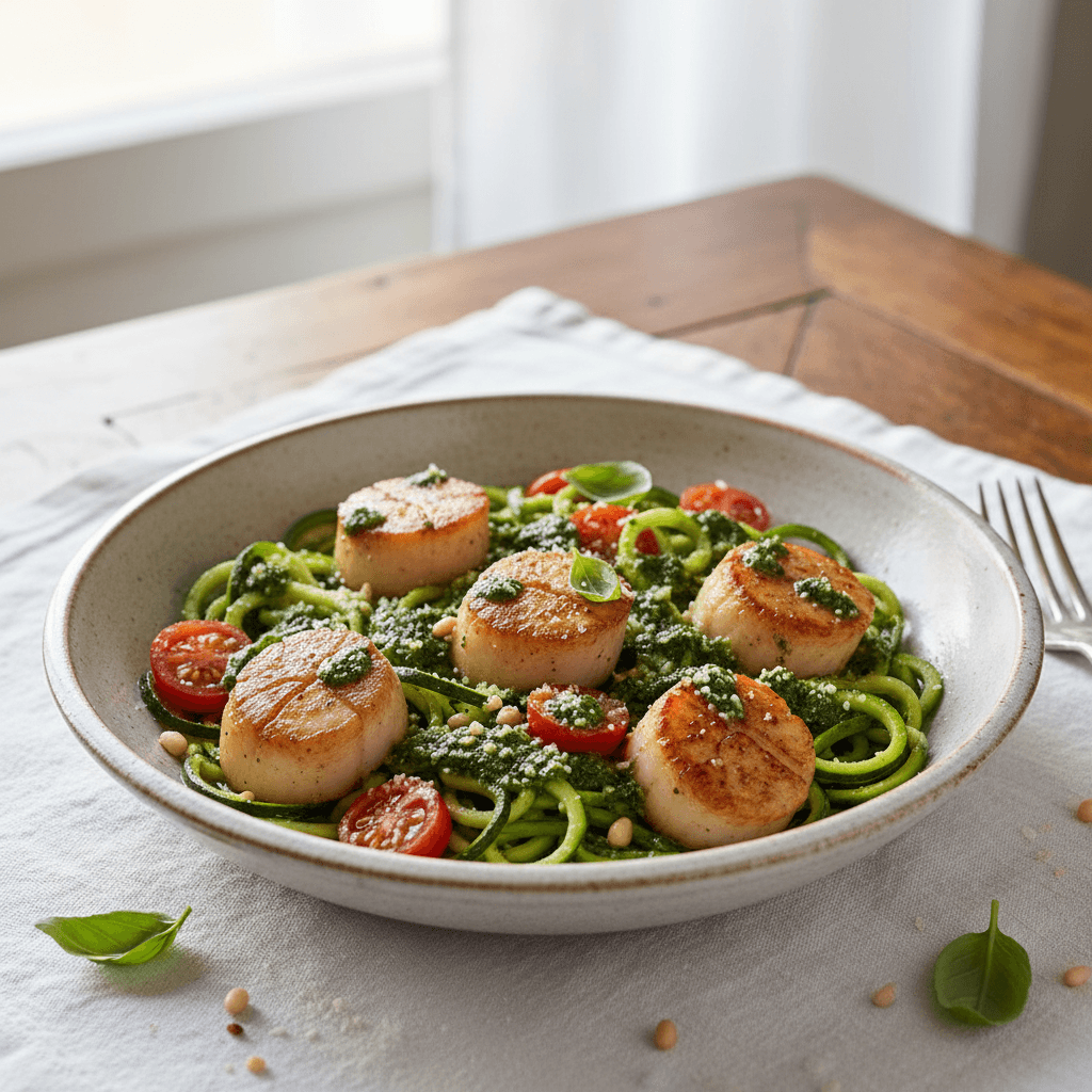 Bowl de Saint-Jacques au pesto d'épinards