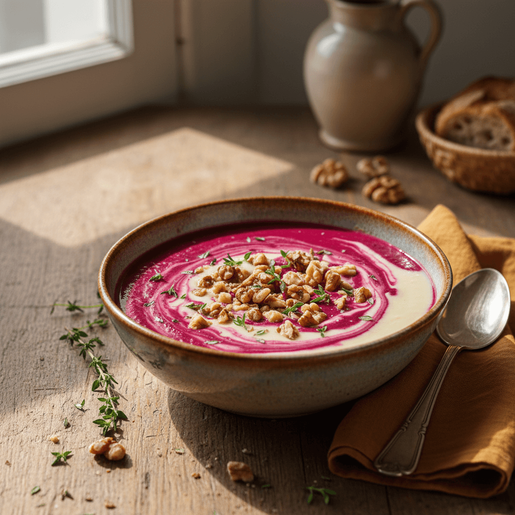 Creme-Suppe aus Blumenkohl und Rote Bete mit Nüssen