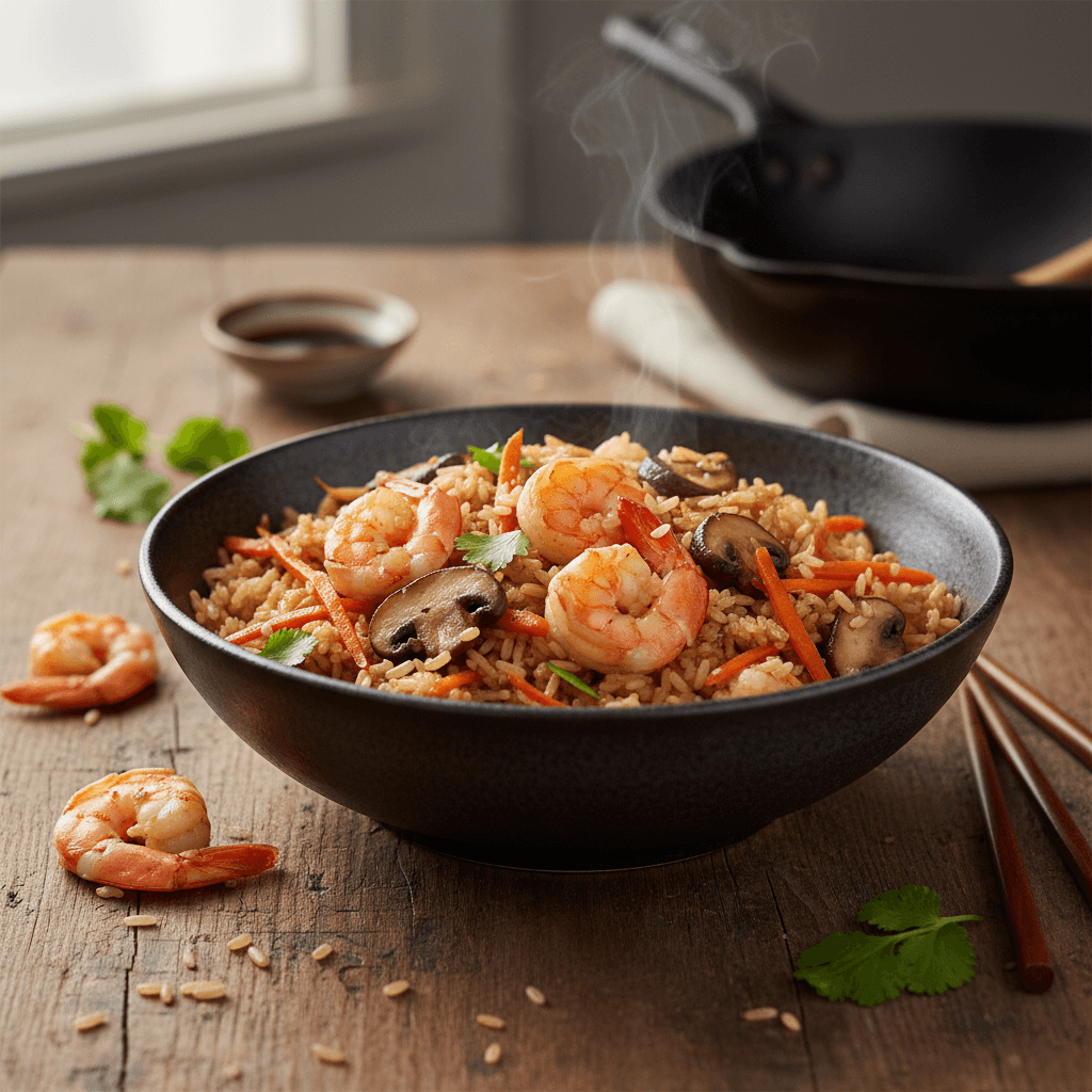 Gebratener Reis mit Garnelen und Pilzen